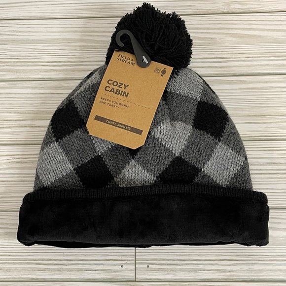 Field & Stream Cozy Cabin Gray and Black Plaid Knit Beanie Hat NWT - Picture 3 of 8